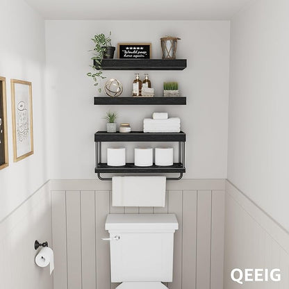 QEEIG Bathroom Floating Shelves Over Toilet - Wall Mounted Shelf Toilet Paper Storage Farmhouse 16 inch Set of 3, Black (027-40B3)