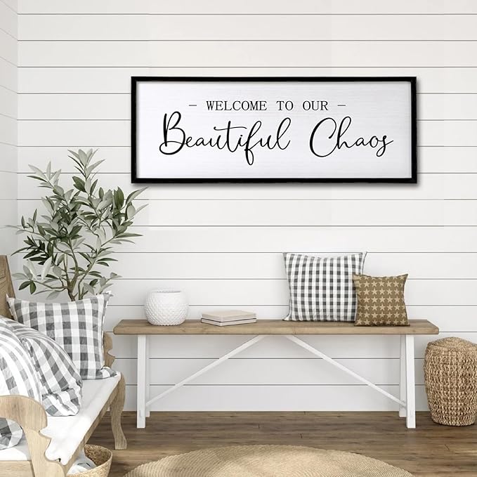 Welcome to Beautiful Chaos Framed Wall Art, 40''×15'' Rustic Horizontal Beautiful Chaos Plaque with Black Frame for Entryway Living Room, Farmhouse Long Welcome to our Chaos Wood Sign Wall Decor