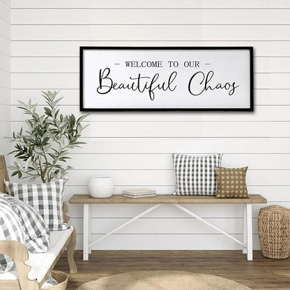 Welcome to Beautiful Chaos Framed Wall Art, 40''×15'' Rustic Horizontal Beautiful Chaos Plaque with Black Frame for Entryway Living Room, Farmhouse Long Welcome to our Chaos Wood Sign Wall Decor