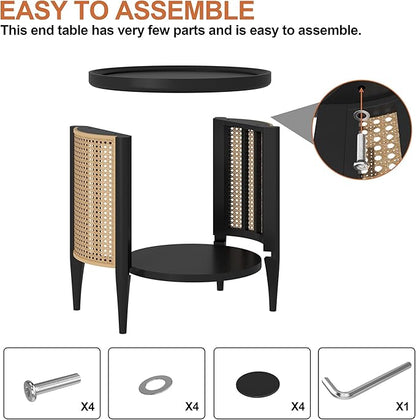 Yusong Round End Table Rattan Side Table with Solid Wood Legs, Boho Style Nightstand Bedside Table with 2-Tier Shelves, Small Coffee Table for Living Room Bedroom Small Spaces Black