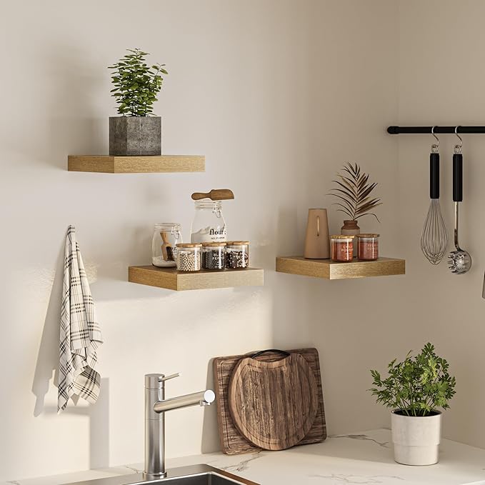 Square Floating Shelves for Wall, 12" W x 12" D x 1.2" H, Small Wooden Wall Mounted Display Shelves with Invisible Brackets for Living Room, Bedroom, Bathroom, Kitchen Decor, Set of 3, Oak