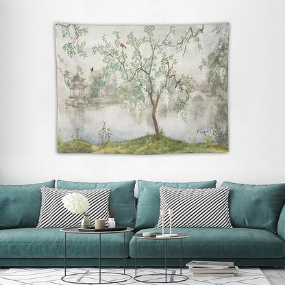 HZOHNAGO Japanese Tapestry Tree Misty Garden Lake Printed Wall Tapestry Ink Painting Wall Hanging for Bedroom Living Room Dorm 40" W x 30" H