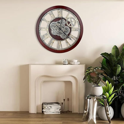 HOIBAI Farmhouse Vintage Industrial Oversized Wall Clock - 24 in (60cm) Moving Gear Wall Clock for Living Room Decor