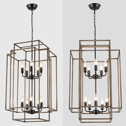 30" Black Farmhouse Chandelier, 10-Light Foyer Lighting Fixtures, Lantern Tiered Pendant Light Fixtures, Metal Wood Grain Finish Rustic High Ceiling Chandelier for Dining Room Entryway Staircase