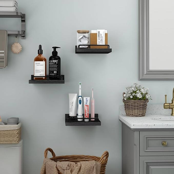 Small Floating Shelf, 6 X 6 Inches Farmhouse Wall Shelves for Living Room, Bedroom, Picture Frames, Plants, Kitchen, Set of 3 (Black)