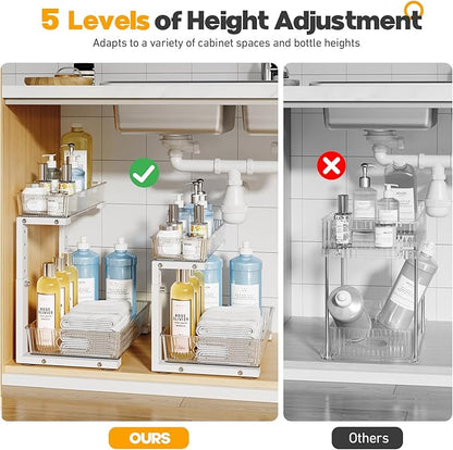 2 Pack Under Sink Organizer, 2-Tier Pull Out Cabinet Organizer, Elegant Acrylic Under Sink Storage Shelf for Kitchen Bathroom Cabinet, L-Shaped Adjustable Height for Maximum Space Efficiency-White