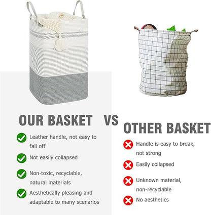 danpinera 75L Woven Laundry Hamper with Long Leather Handles, Baby Laundry Basket for Nursery, Tall Hampers for Bedroom Aesthetic, Decorative Clothes Storage Basket for Family White & Gray