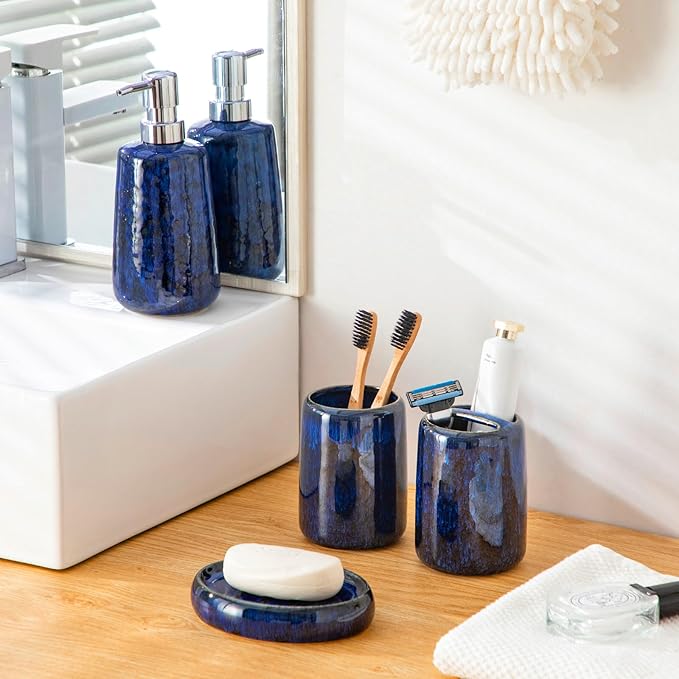 vancasso Blue Bathroom Accessories Set, Ceramic Soap Dispenser and Toothbrush Holder Sets, Stoneware 4 Pcs Bathroom Sink Set for Modern Home Decor, Series Starry