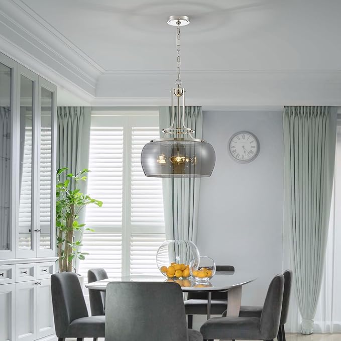 WUZUPS Nickel Chandelier Rustic Farmhouse Industrial Round Ceiling Pendant LED Light Fixture Electroplated Gray Glass Shade for Dining Room Kitchen Island Foyer Entryway, H 20.9" W 15.9", E26 Base