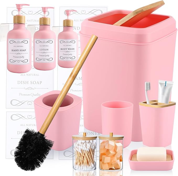 Pink and Wood Bathroom Accessories Set 19Pcs, Bathroom Set with Trash Can and Toilet Brush, 3PCS Drill Free 17oz Soap Dispenser Wall Mounted, Toothbrush Holder and Cup, Soap Dish, Qtip Holder