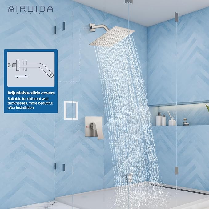 Airuida Shower Faucet Set Bathroom Rain Shower System SUS304 Stainless Steel Single Handle With Male Threads Rough-in Valve Shower Trim Kit 8 Inch Wall Mount Shower Head Brushed Nickel