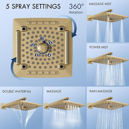 ELLO&ALLO Bathroom Shower Faucet Set Mixing Valve and Trim Kit, Complete Shower System with Tub Spout, Brushed Gold