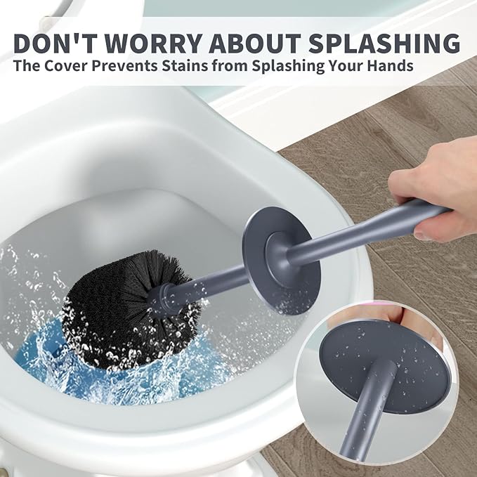 UPTRONIC Toilet Brush, Toilet Bowl Brush with Extra Long Handle Durable Bristles Toilet Scrubber and Covered Holder for Toilet Brush Set for Bathroom Cleaning (Gray, 1 Set)