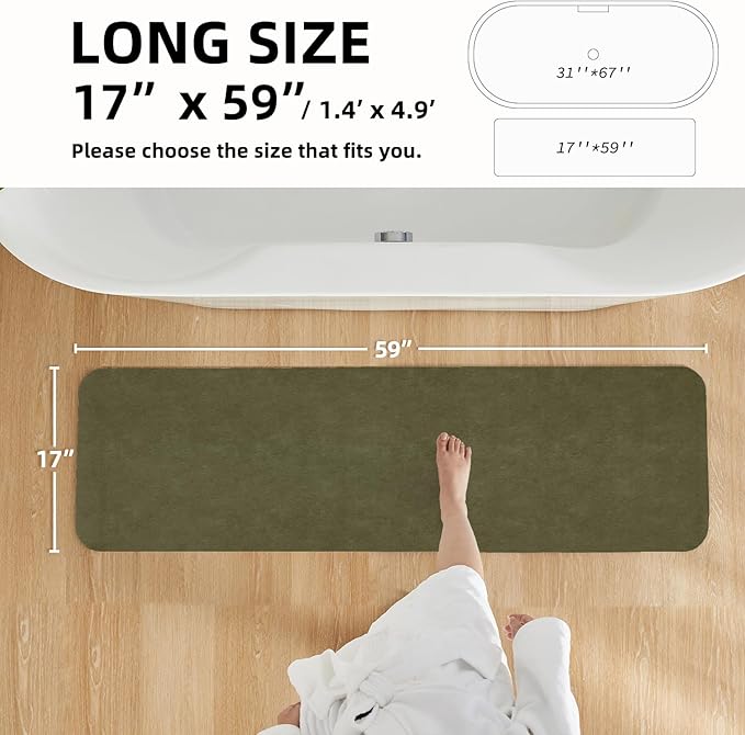 Bathroom Mat Quick Dry, Bathroom Rugs Non Slip Washable Thin Absorbent Bath Mat Fits Under Door Bathroom Floor Mat Perfect for Bath, Shower, or Sink 17"x59" Sage Green