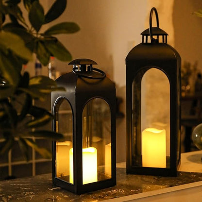 Bdor 2 Pack 16 Inches Metal and Tempered Glass Decorative Lantern with Electronic Wax Effect - Indoor/Outdoor Decorative Lighting, Handcrafted Aesthetic, Perfect for Home, Parties, and Holiday Decor