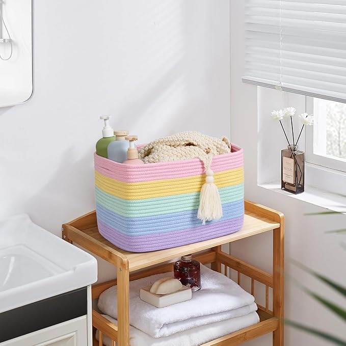 Shelf Baskets for Organizing, Woven Storage Basket for Shelves，Cotton Rope Storage Bins for Toys Books, Nursery Towel Baskets for Classroom, 14.96"X9.8"X8.85", 3-Pack Pastel Rainbow
