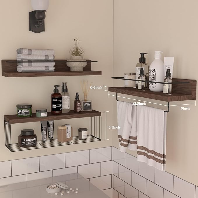 22.5 inches Bathroom Shelves Over Toilet for Wall, Floating Shelves with Storage Basket Paper Holer for Kitchen Living Room, Bedroom & Classroom, Set of 3 (Dark Brown)