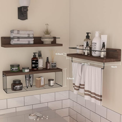 22.5 inches Bathroom Shelves Over Toilet for Wall, Floating Shelves with Storage Basket Paper Holer for Kitchen Living Room, Bedroom & Classroom, Set of 3 (Dark Brown)