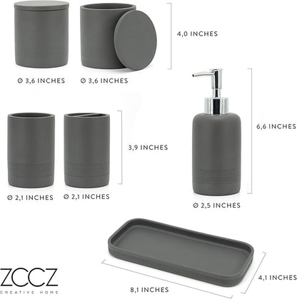 ZCCZ Gray Bathroom Accessories Set 6 Pieces - Toothbrush Holder, Lotion Dispenser, Qtip Container, Vanity Tray, Tumbler - Countertop Organizer for Bathrooms - Elegant and Functional Décor Set