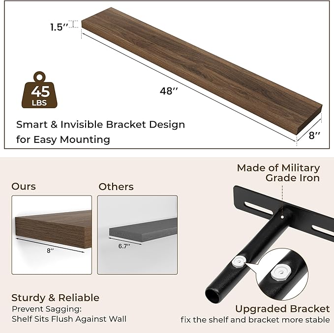 RICHFOCUS 48Inch Floating Shelves for Wall 2 Pack Shelves for Bedroom|Kitchen|Bathroom Wall Mounted Rustic Wood Floating Shelf with Invisible Brackets for Books|Storage|Decor, Walnut