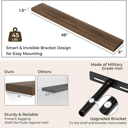 RICHFOCUS 48Inch Floating Shelves for Wall 1 Pack Shelves for Bedroom|Kitchen|Bathroom Wall Mounted Rustic Wood Floating Shelf with Invisible Brackets for Books|Storage|Decor, Walnut