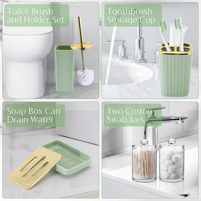 17PCS Bathroom Accessory Set Bathroom Set Green Bathroom Decor,Toilet Brush, Trash Can, Qtip Holder Dispenser& 3PCS Soap Dispenser