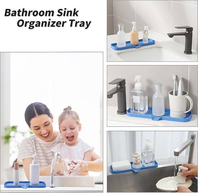 Silicone Bathroom Soap Dishes with Drain Spout-Bathroom and Kitchen Sink Organizer,Sponge Holder,Dish Soap Tray,Perfect for Dispenser,Scrubber,Bottle,Cup on Sink or Counter-Lichen Blue 12"×4"