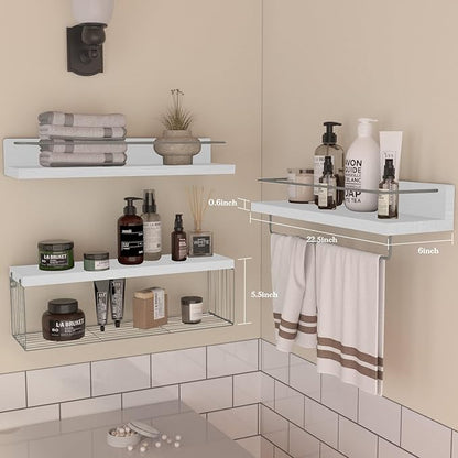 22.5 inches Bathroom Shelves Over Toilet for Wall, Floating Shelves with Storage Basket Paper Holer for Kitchen Living Room, Bedroom & Classroom, Set of 3 (White and Grey)