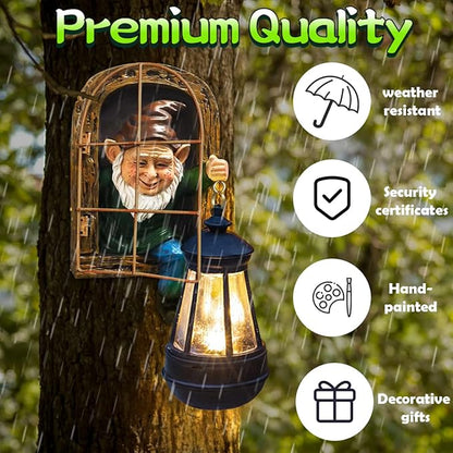 Whimsical Fairy Garden Halloween Gnomes with Solar Lights-10 Elf Out The Door Tree Hugger Garden Statues-Outdoor&Yard Decor-Tree Face Sculpture,Ideal Gifts - Yard Art for Patio,Fence,Wall