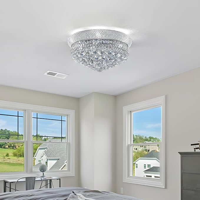 7-Light Crystal Flush Mount Chandelier Ceiling Light Fixture for Living Room Dining Room Bedroom Foyer Entryway Hallway Closet Bathroom (Chrome D18)