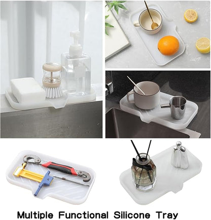 Silicone Bathroom Soap Dishes with Drain Spout-Bathroom and Kitchen Sink Organizer,Sponge Holder,Dish Soap Tray,Perfect for Dispenser,Scrubber,Bottle,Cup on Counter Translucent 9.6"×5.3"