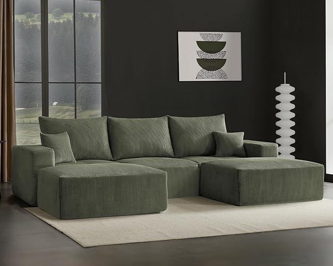 Boneless Sectional Cloud Couch Sofa for Living Room, 112" U-Shaped Modular Modern Lounge Sleeper Green Couches with Chaise, No Assemble, Cordury Compression Upholstered Sofas