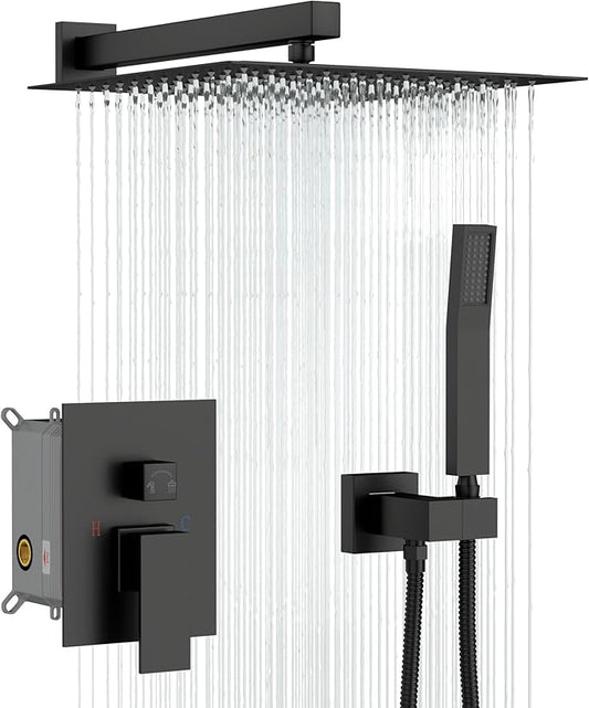Sarlai Black Shower Faucet Set, Rainfall Shower System with Rain Shower Head and Handle Set, Modern Shower Fixtures, 10 Inch Shower Head with Handheld Combo,Shower Valve Included, Matte Black
