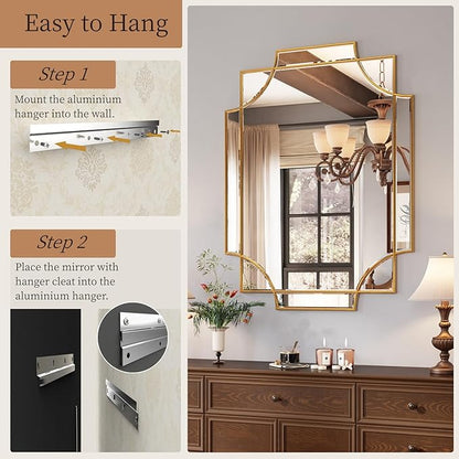 Kelly Miller Large Gold Decorative Mirror for Wall, 30"x40" Gold Bathroom Mirror Vanity Wall Mirror Rectangle Mirror Beveled for Master Bath Half Bath Living Room Bedroom Farmhouse Fireplace Hallway