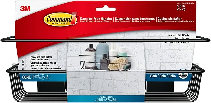 Command Shower Caddy Matte Black with Water Resistant Command Strips, Bathroom Organizer, Holds up to 6.5 lbs, 1 Count (Pack of 1)