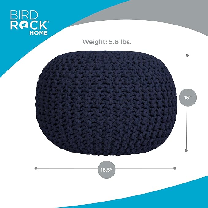 BIRDROCK HOME Round Pouf Ottoman | Cotton Braided Foot Stool with Bean Bag Filling | Boho Foot Rest for Living Room & Bedroom | Compact & Comfortable Seating, Lightweight & Soft | Navy