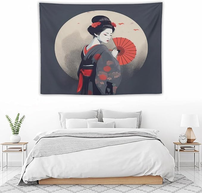 Japanese Woman Geisha Tapestry Asian Red Cherry Blossom Red Sun Traditional Kimono Folk Tapestries Home Decor for Living Room Bedroom Apartment Farmhouse Dorm 40"x30"