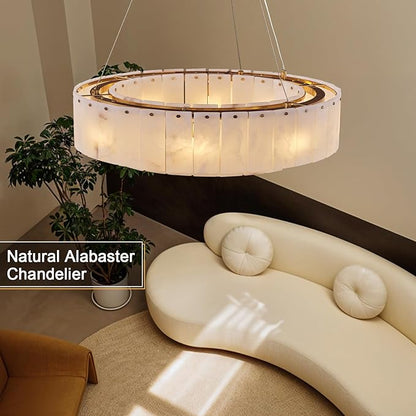 Alabaster Round Chandelier, D31in Modern Dining Room Chandeliers, Marble Pendant Lights Kitchen Island, Drum Chandelier for Dining Room Light Fixture, Living Room, Bedroom Lights, Foyer, Kitchen