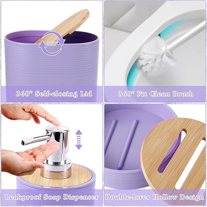 Purple Bathroom Set, Purple Bathroom Accessories Set with Shower Curtain, Bath Towel Set, Trash Can, 2PCS Soap Dispensers, Soap Dish, Toothbrush Holder and Cup,Toilet Brush for Bathroom Decor