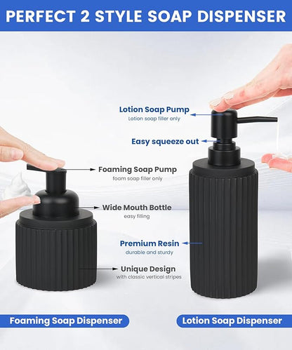 Black Bathroom Accessories Set 6 Pcs - Toothbrush Holder,Lotion Soap Dispenser,Foaming Soap Dispenser,Qtip Holder Dispensers,Vanity Tray,Bathroom Tumbler - Countertop Organizer-Bathroom Accessory Set