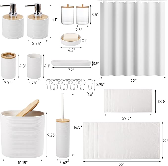 White Bathroom Set, White Bathroom Accessories Set with Shower Curtain, Bath Towel Set, Trash Can, 2PCS Soap Dispensers, Soap Dish, Toothbrush Holder and Cup,Toilet Brush for Bathroom Decor