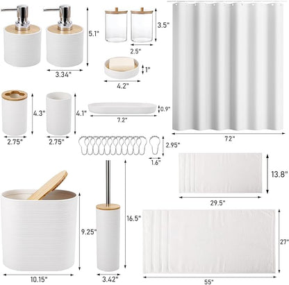 White Bathroom Set, White Bathroom Accessories Set with Shower Curtain, Bath Towel Set, Trash Can, 2PCS Soap Dispensers, Soap Dish, Toothbrush Holder and Cup,Toilet Brush for Bathroom Decor