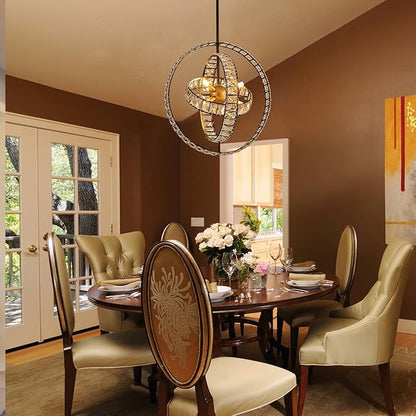 18" Crystal Globe Sputnik Chandelier, 6-Light Black Gold Modern Adjustable Hanging Ceiling Pendant Light Fixture for Entryway Foyer Stairway Bedroom Dining Living Room Hallway