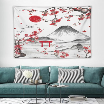 Red Cherry Blossoms Tapestry, Japanese Fuji Mountain Tapestry, Asian Japanese Wall Tapestry, Nature Landscape Tapestries for Bedroom Living Room Decor 90"x60"
