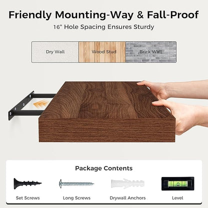 12 Inch Deep Floating Shelves, 24 x 12 Floating Shelf for Books, Rustic Wood Deep Wall Shelves for Home Storage & Display, 2" Thicked Shelves for Kitchen, Living Room, Bedroom, Walnut Color, 2 Pack
