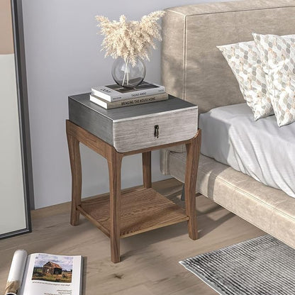 COSIEST Rustic Nightstand, 2-Tier Farmhouse Bedside Table, Wood Accent End Table with Storage Drawer and Open Display Shelf for Bedroom Nursery Living Room (Black & Silver)