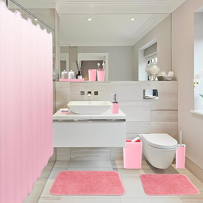 Bathroom Accessory Set–Bathroom Sets with Shower Curtain and Rugs, Non Slip Bathroom Rugs Super Absorbent, Pink Ombre Waterproof Shower Curtain with Hooks, Pink Bathroom Sets Complete for Home