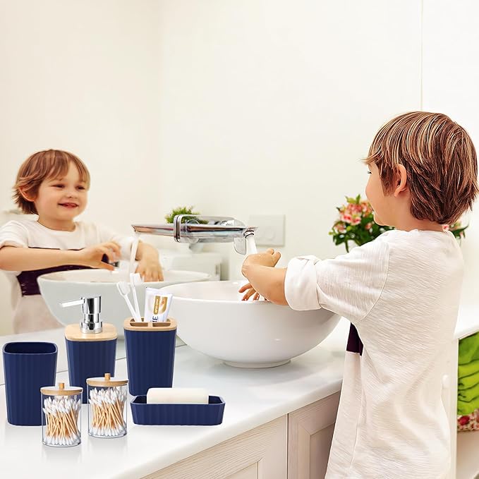 Blue Bathroom Set - Navy Blue Bathroom Accessories Set with with Trash Can,Toothbrush Holder,Toothbrush Cup,Soap Dispenser,Tray,Soap Dish,Toilet Brush,Qtip Holders for Bathroom Home Decor