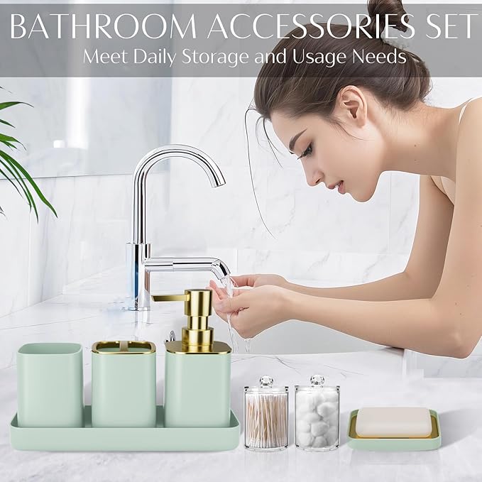 9PCS Bathroom Accessory Set, Green Bathroom Set with Large-Capacity 4 Gallon Trash Can, Bathroom Accessories Set Complete, Toothbrush Holder, Soap Dispenser, Toilet Brush, Bathroom Decor