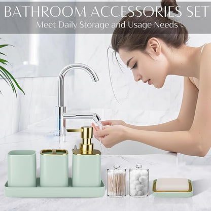 9PCS Bathroom Accessory Set, Green Bathroom Set with Large-Capacity 4 Gallon Trash Can, Bathroom Accessories Set Complete, Toothbrush Holder, Soap Dispenser, Toilet Brush, Bathroom Decor